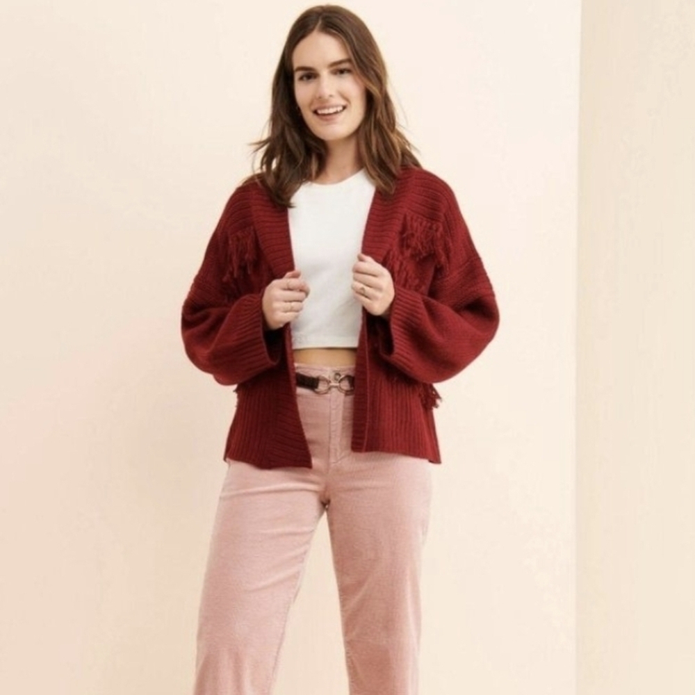 NWT Anthropologie Raga Open Cardigan Fringe Cherry Red Knit Drop Shoulder Boxy